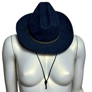 Vintage Navy Blue Wool Felt Western Cowboy Hat with Gold Braided Band Chin Cord